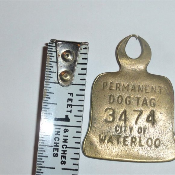 Vintage Waterloo DOG TAG Brass ID Tag Pet Tag Vintage Necklace Tag - Picture 4 of 4